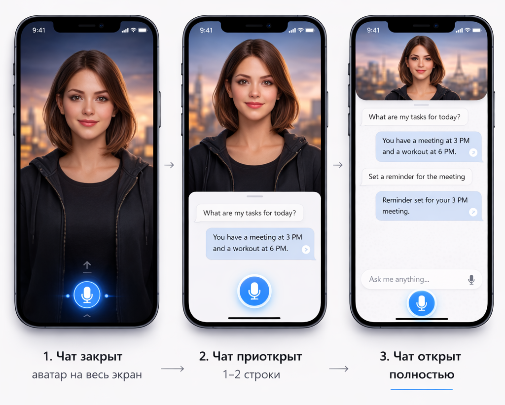 Creatora app — avatar, chat, and full assistant view